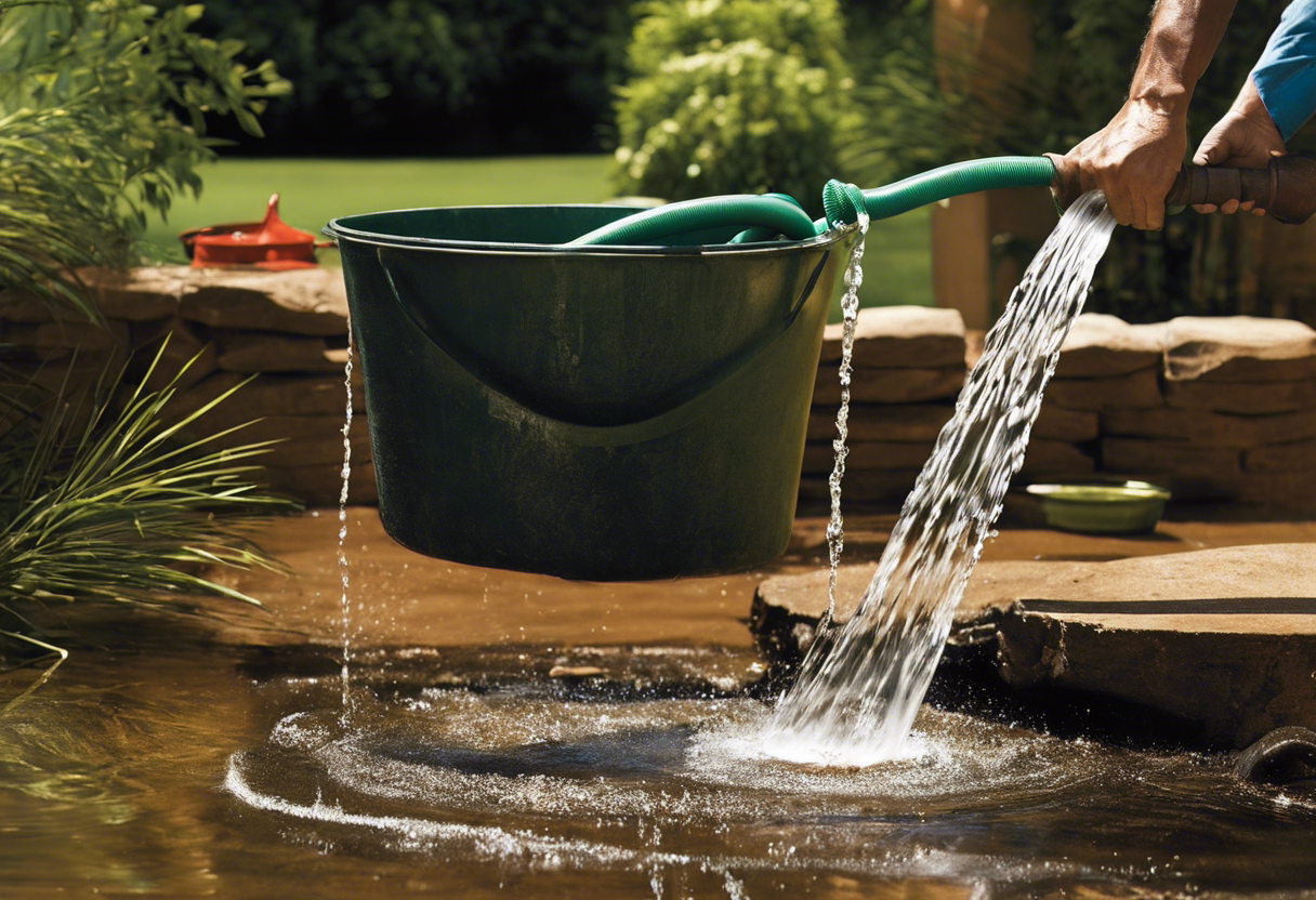 An image of a person holding a water hose, with water flowing out at different pressures, while trying to balance multiple buckets underneath