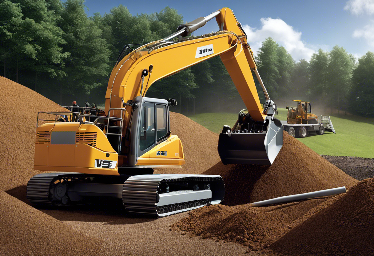 An image of a large excavator digging up a section of soil to reveal a new drainage field system for a septic tank