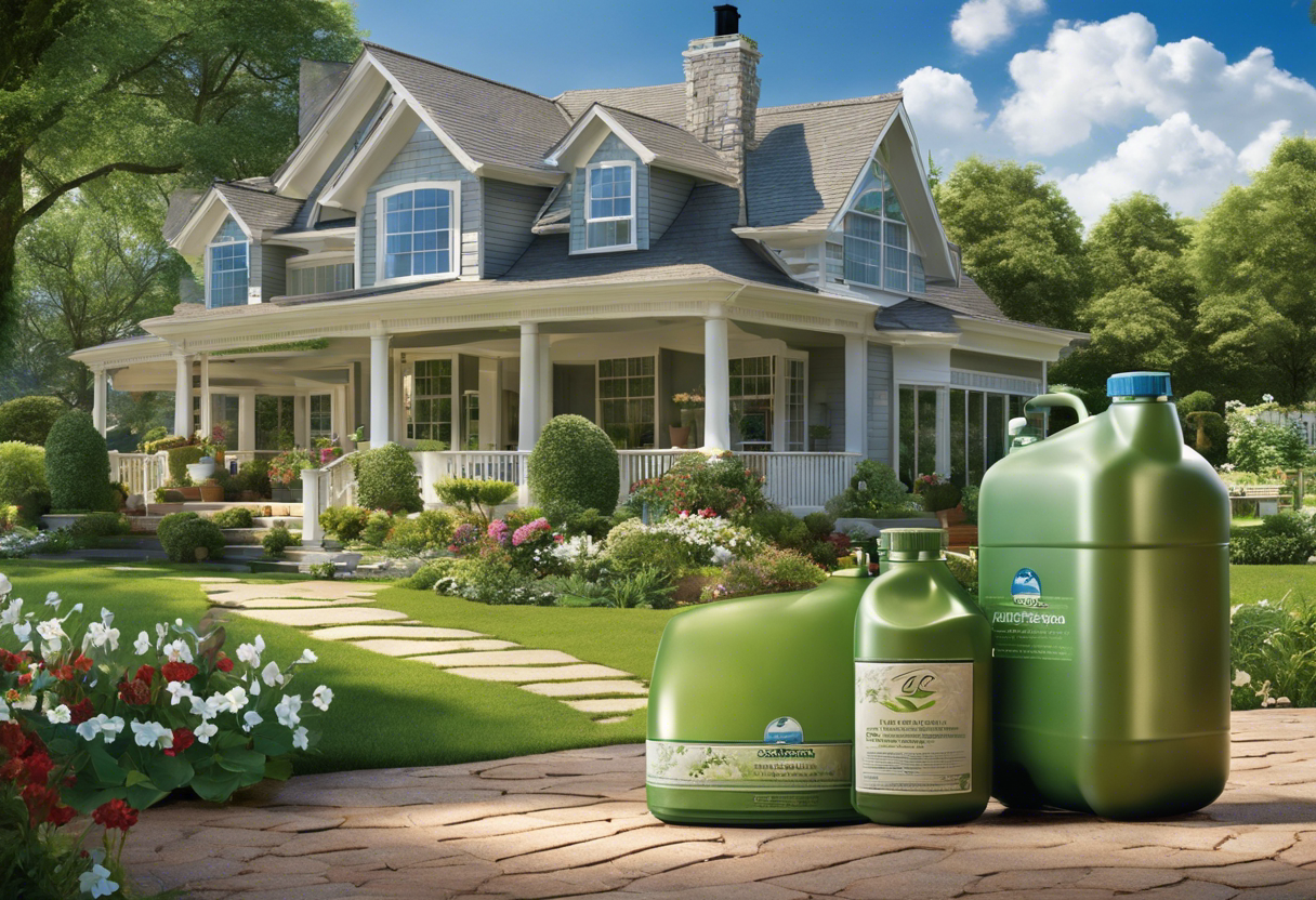 An image of a serene backyard with a septic tank in the background