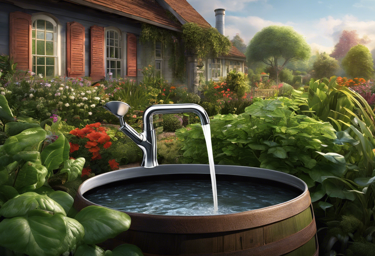 An image of a person turning off a faucet with a drip, while rainwater collects in a barrel outside