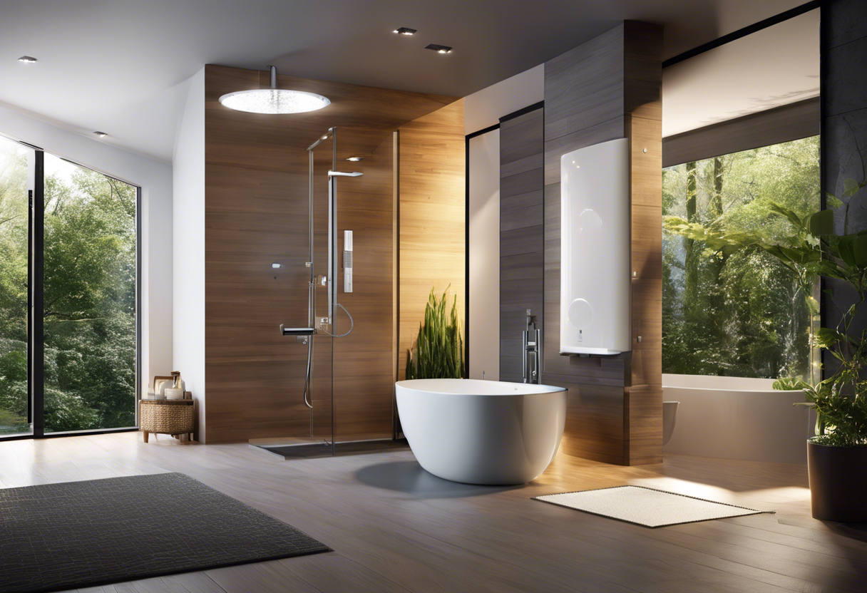An image of a cozy home with a modern and sleek water heating system installed, featuring tankless technology, solar panels, and smart controls