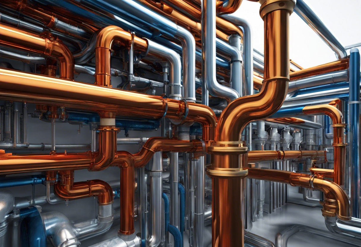 An image of a cross-section of plumbing pipes with different materials, showing the flow of water and highlighting the importance of material selection in optimizing performance
