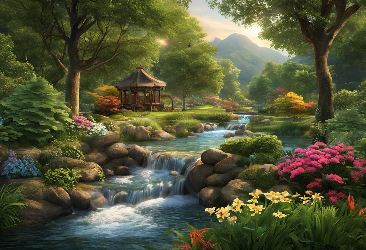 An image of a serene landscape with clean and clear water flowing through a well-maintained drainage and sewer system, surrounded by lush greenery and wildlife