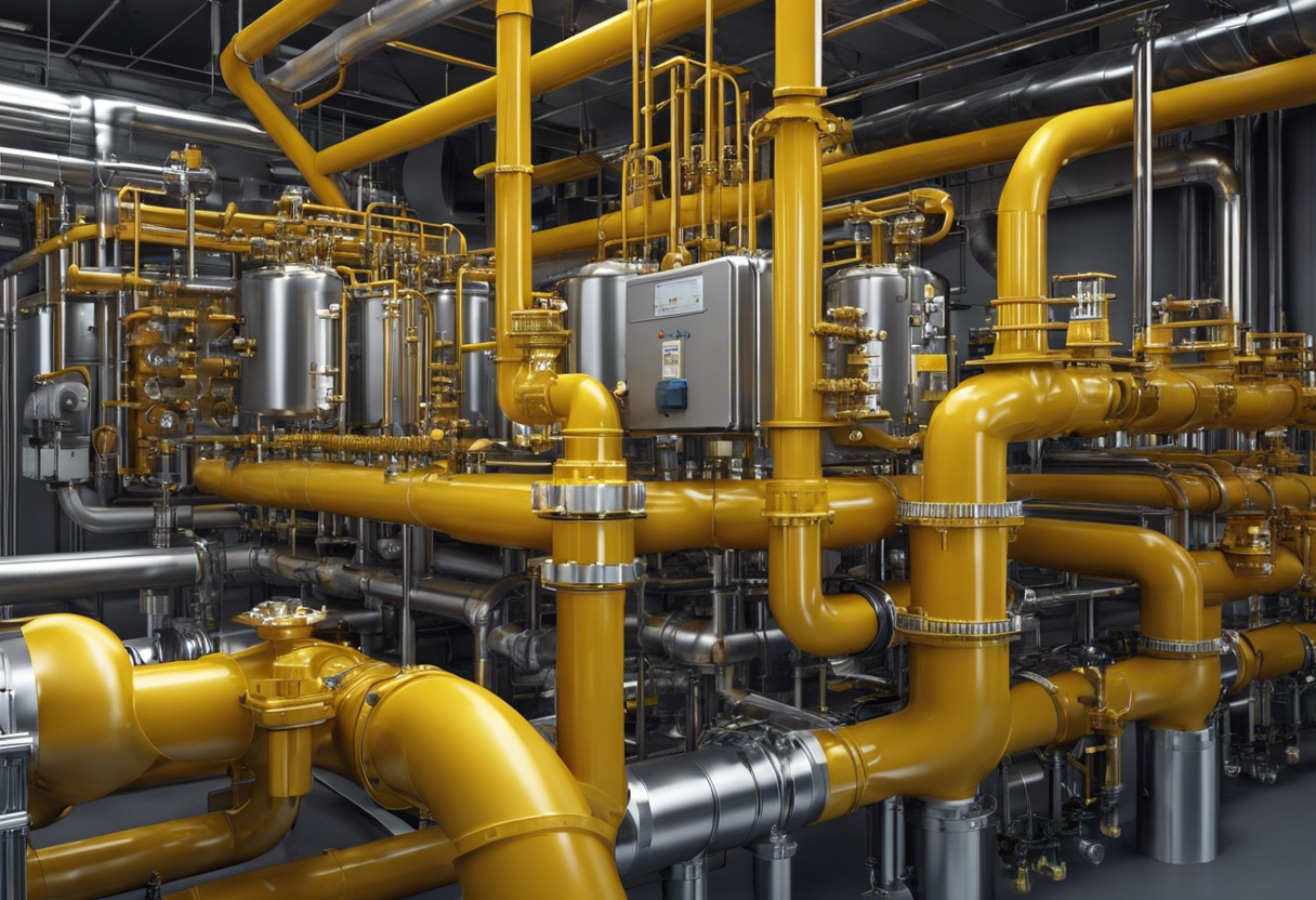 An image of a gas piping system with various valves, fittings, and distribution methods, including a gas meter and regulator