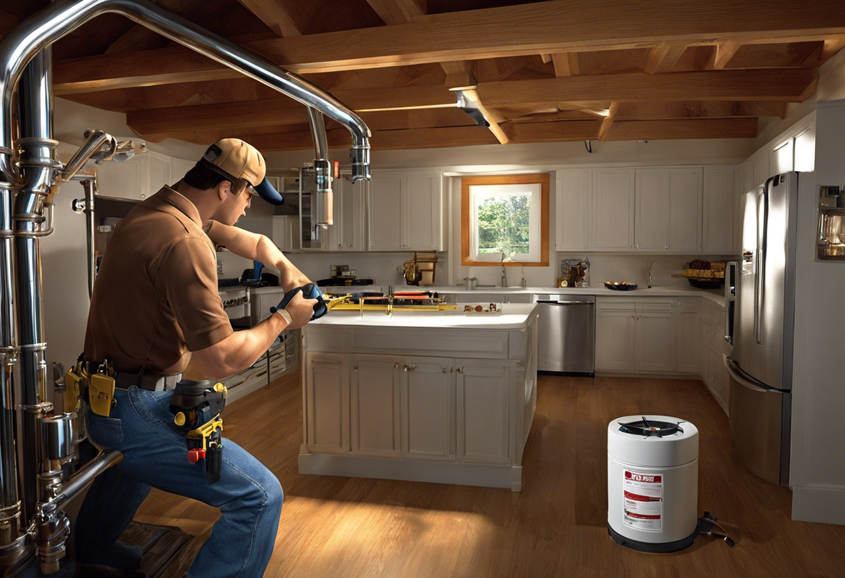 An image of a homeowner inspecting and cleaning their gas plumbing system, including checking for leaks and ensuring proper ventilation