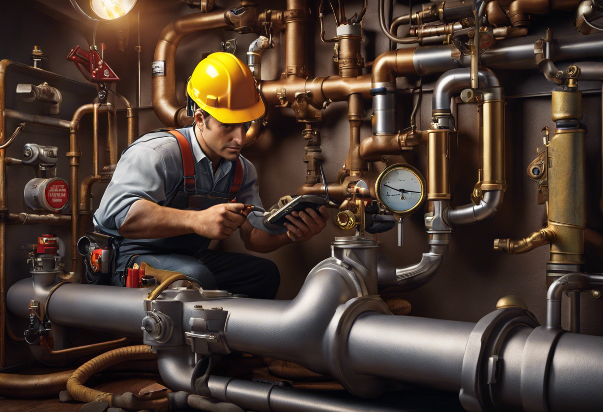 an image of a gas plumber inspecting and testing a gas line with specialized tools, surrounded by safety equipment and warning signs