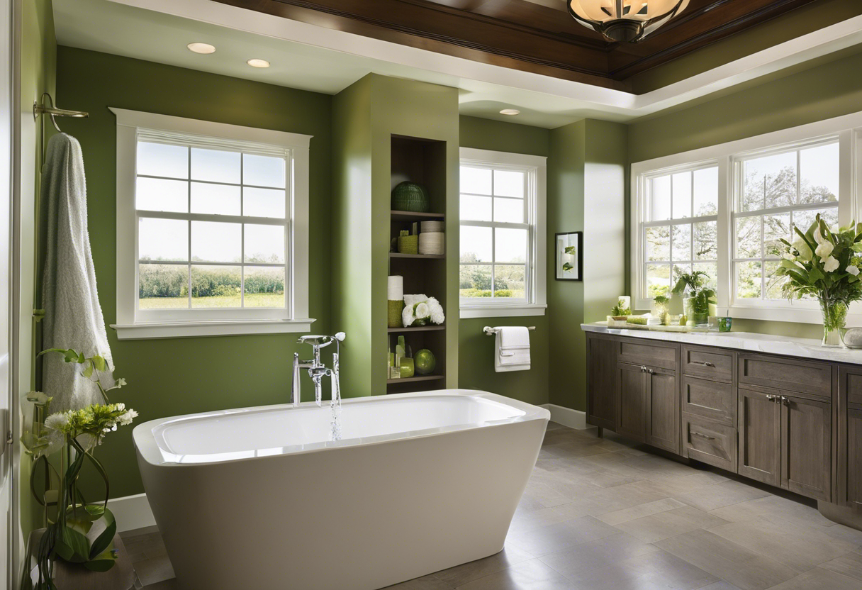 An image of a modern bathroom with water-saving fixtures, such as a low-flow toilet, a showerhead with a flow restrictor, and a faucet with an aerator