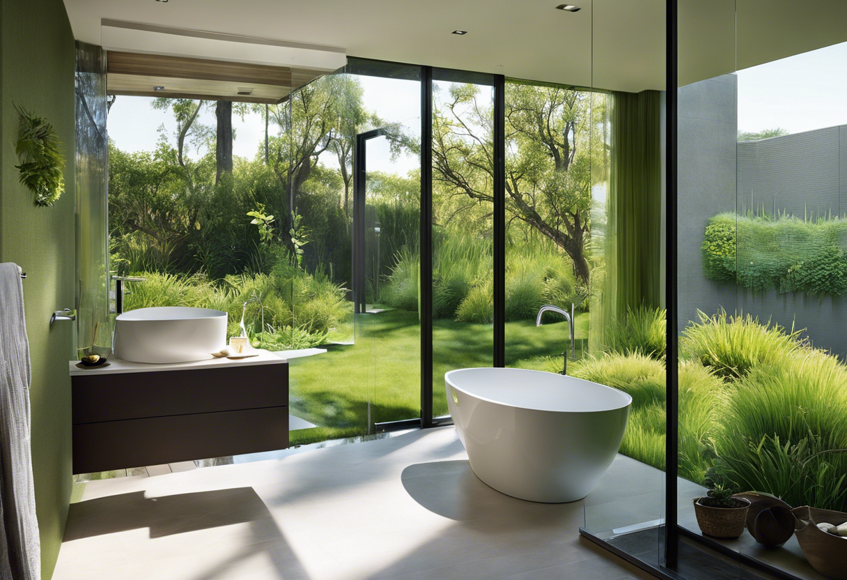An image of a modern bathroom with water-saving features: a low-flow toilet, a showerhead with a shut-off valve, a faucet with an aerator, and a greywater system