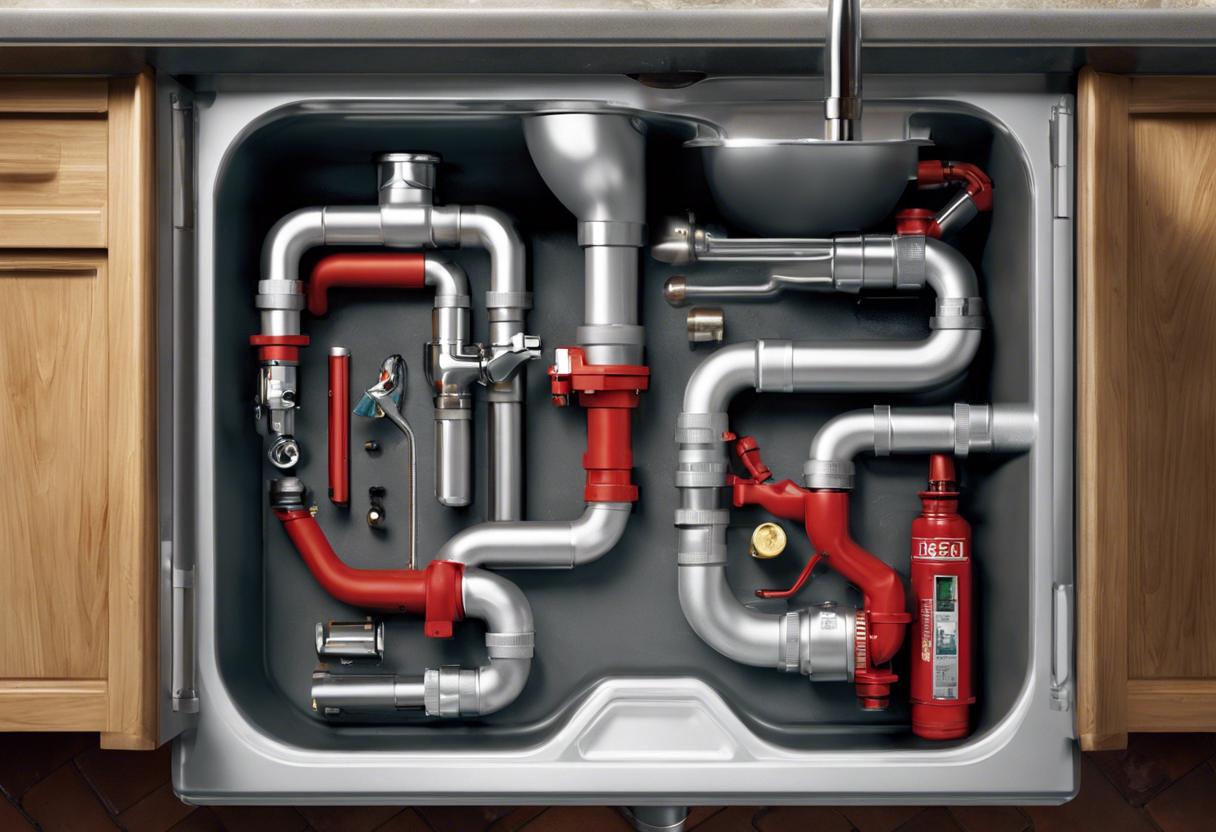 an image of a plumber inspecting and tightening pipes underneath a sink, with water droplets on the floor and a toolbox nearby, emphasizing the importance of regular maintenance for a leak-free plumbing system