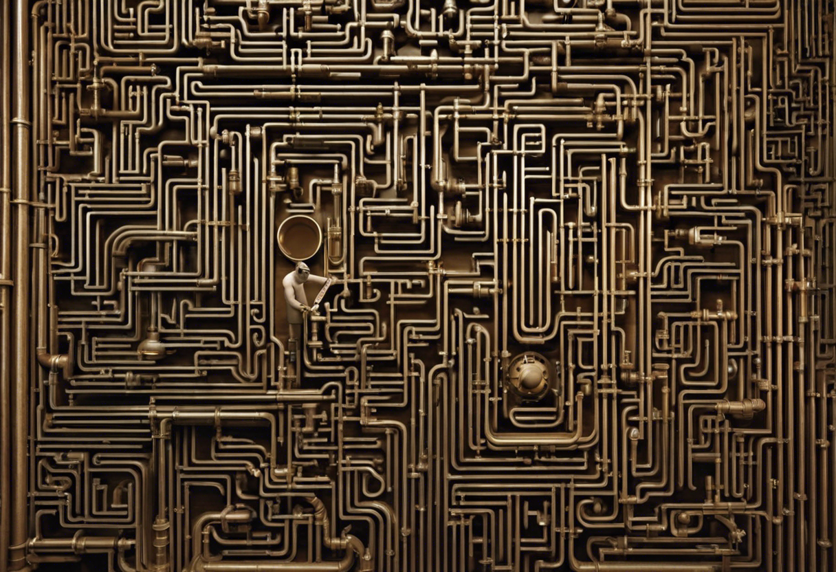 An image of a person with a confused expression, standing in front of a maze made out of pipes and plumbing fixtures