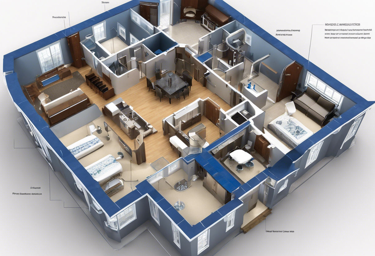 Ic showing a blueprint of a new construction project with labeled plumbing fixtures and pipes, all in accordance with local building codes and regulations