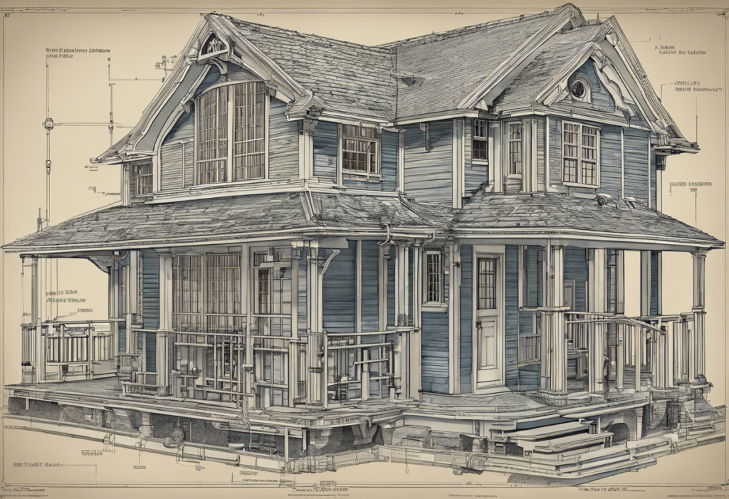 An image of a blueprint or schematic of a house, highlighting the plumbing system with labeled pipes, fixtures, and water sources