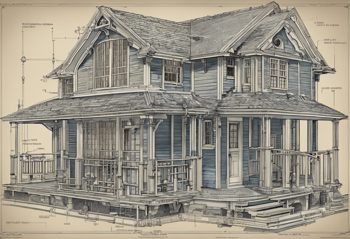 An image of a blueprint or schematic of a house, highlighting the plumbing system with labeled pipes, fixtures, and water sources