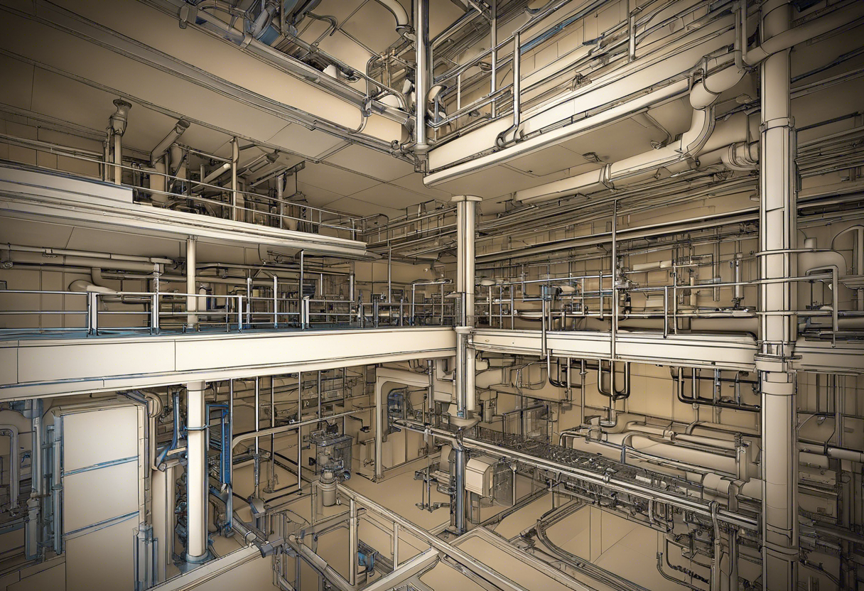 An image of a blueprint with detailed plumbing plans for a large commercial property, including pipes, valves, and fixtures that are strategically placed for maximum efficiency and functionality