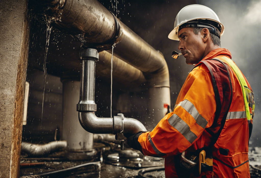 An image of a person standing in front of a burst pipe, calmly holding a wrench and turning off the water valve