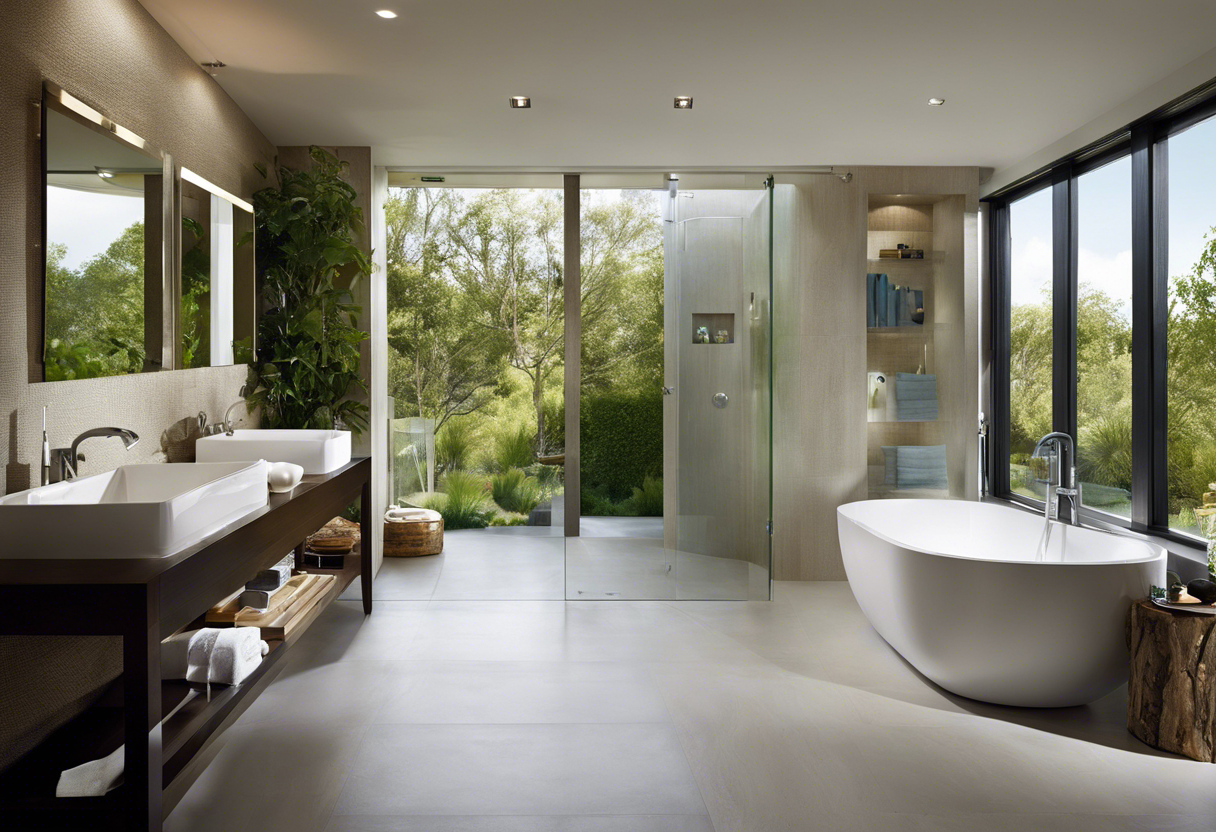 An image showcasing modern plumbing fixtures and technologies that conserve water in a remodeled bathroom or kitchen
