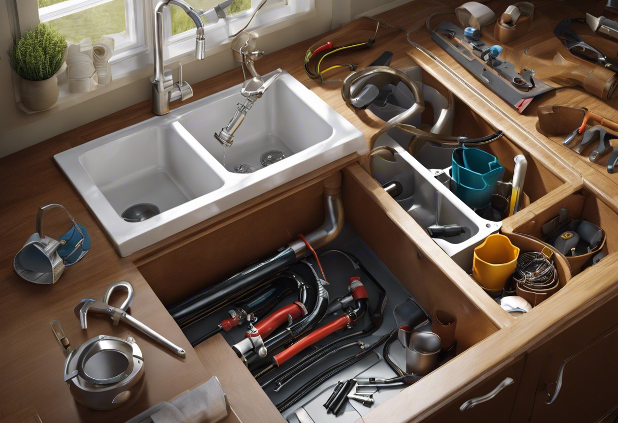 An image of a plumber working on a residential drainage system, with tools and equipment scattered around