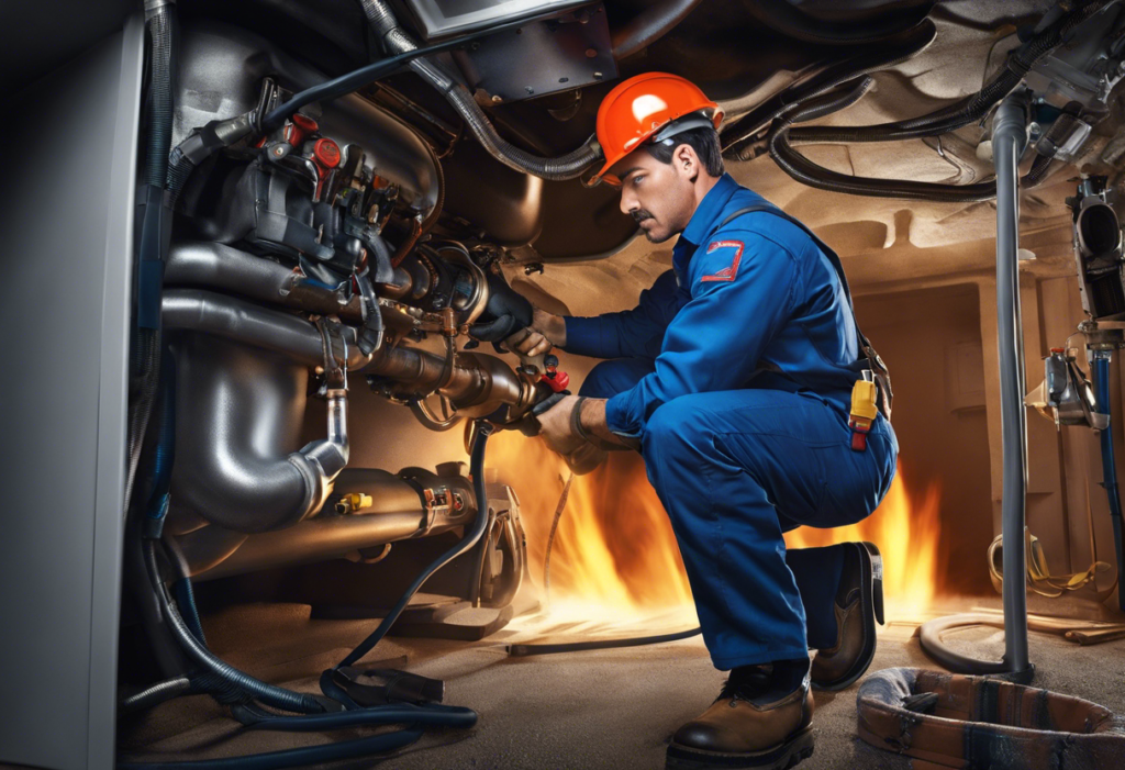 An image of a plumber in uniform rushing to fix a gas leak, with a sense of urgency and professionalism