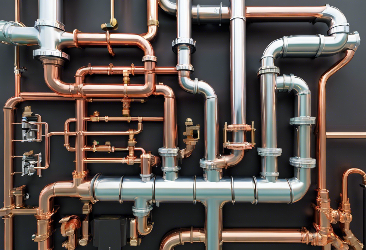 An image of a plumbing system with various materials such as PVC, copper, and PEX pipes