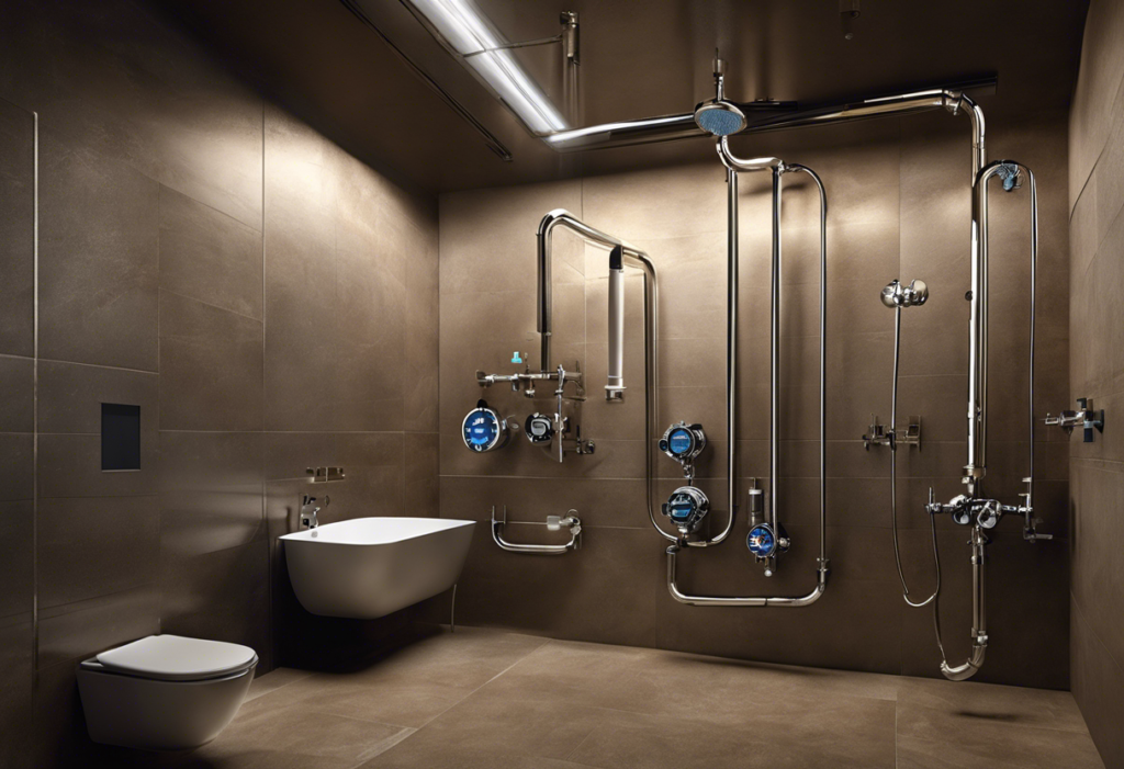 An image that showcases various showerheads, water pressure gauges, and pipes to visually represent strategies for increasing water flow in showers