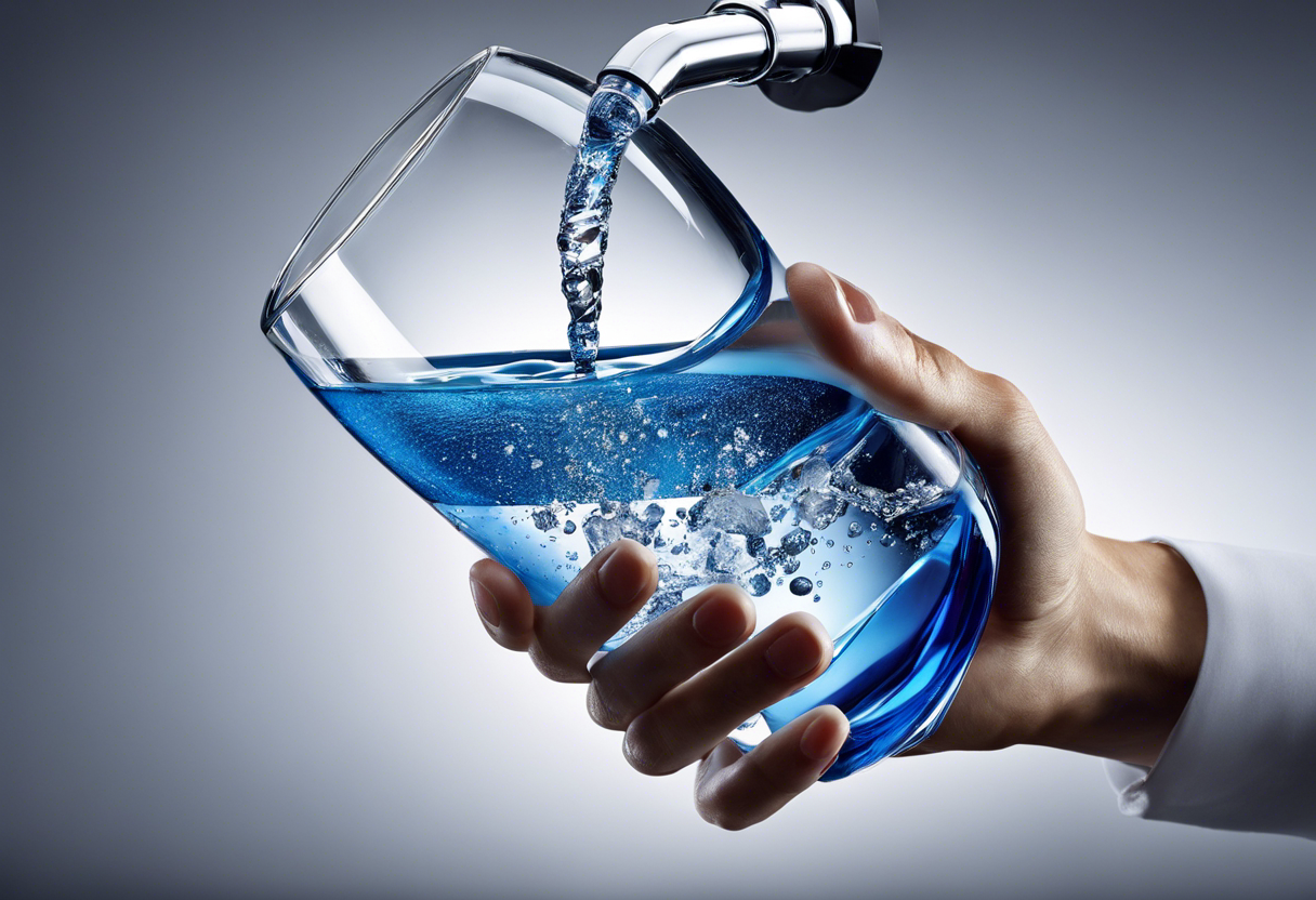 An image of a glass of water being poured through a reverse osmosis system, with the contaminants being filtered out and the pure essence remaining
