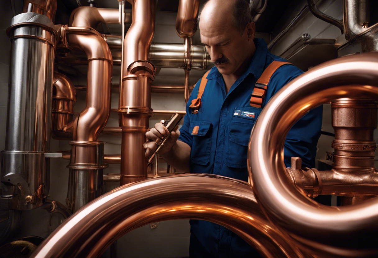 An image of a plumber holding a high-quality copper pipe, inspecting it closely to showcase the importance of selecting reliable plumbing materials