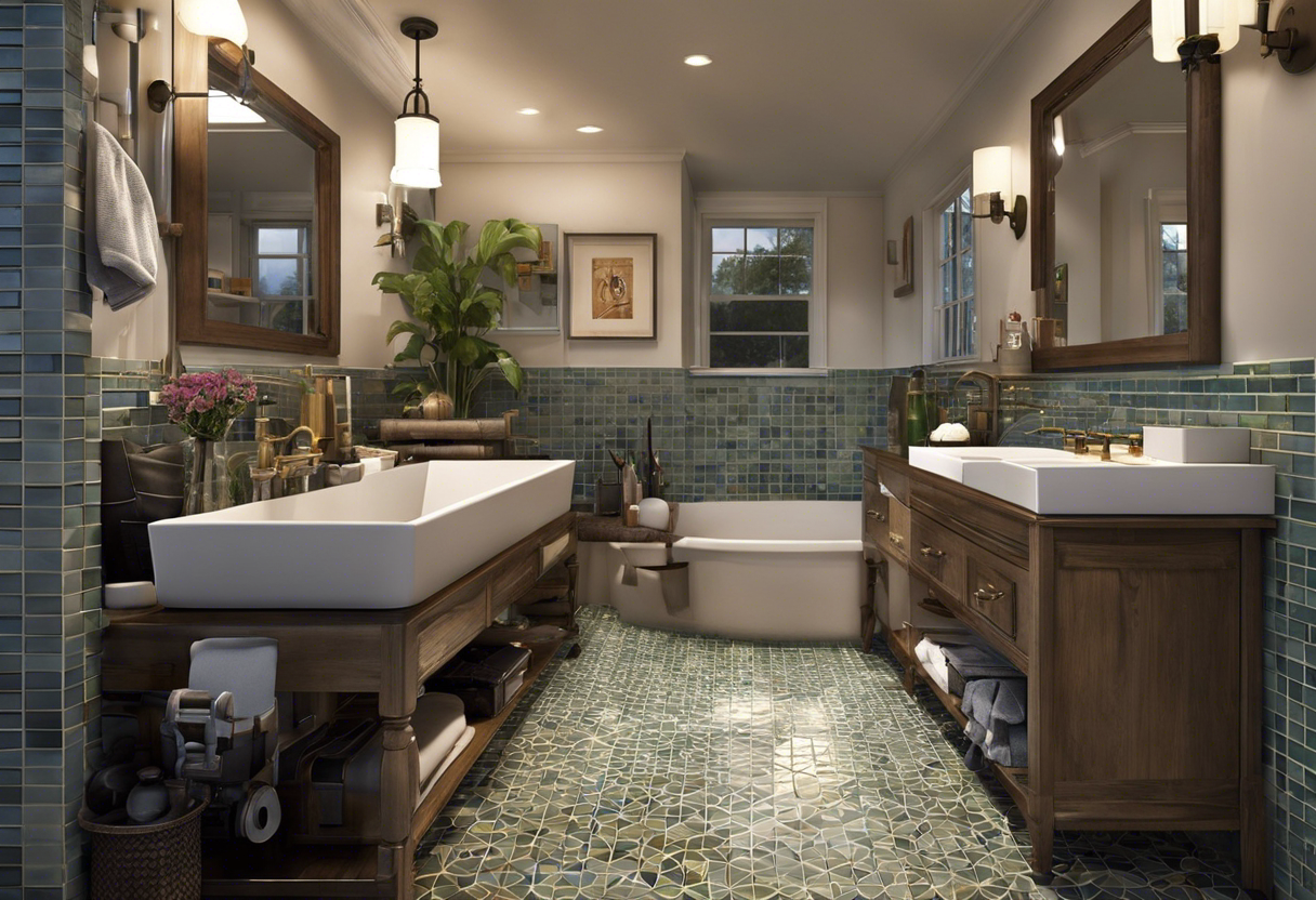 An image of a plumber replacing old pipes with shiny new ones, surrounded by tools, in a renovated bathroom with fresh tiles and a modern sink
