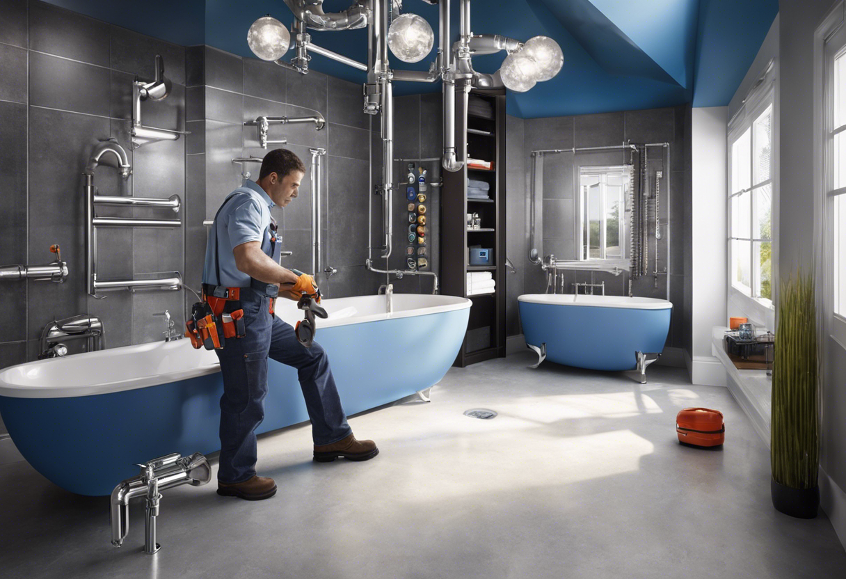 An image of a plumber holding a wrench and adjusting pipes in a modern bathroom with sleek fixtures, surrounded by blueprints and energy-efficient labels