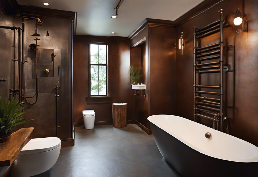 An image of a sleek, modern bathroom with shining metal pipes and fixtures, contrasting with an old, rusted plumbing system