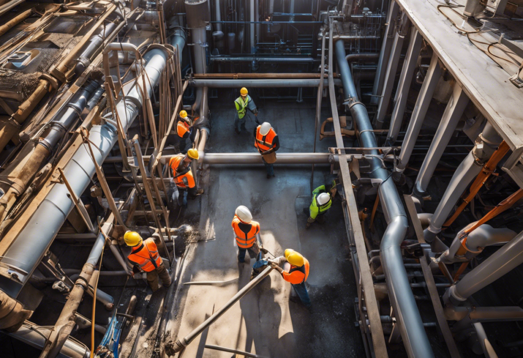 An image of a commercial building with a detailed view of the plumbing infrastructure being upgraded
