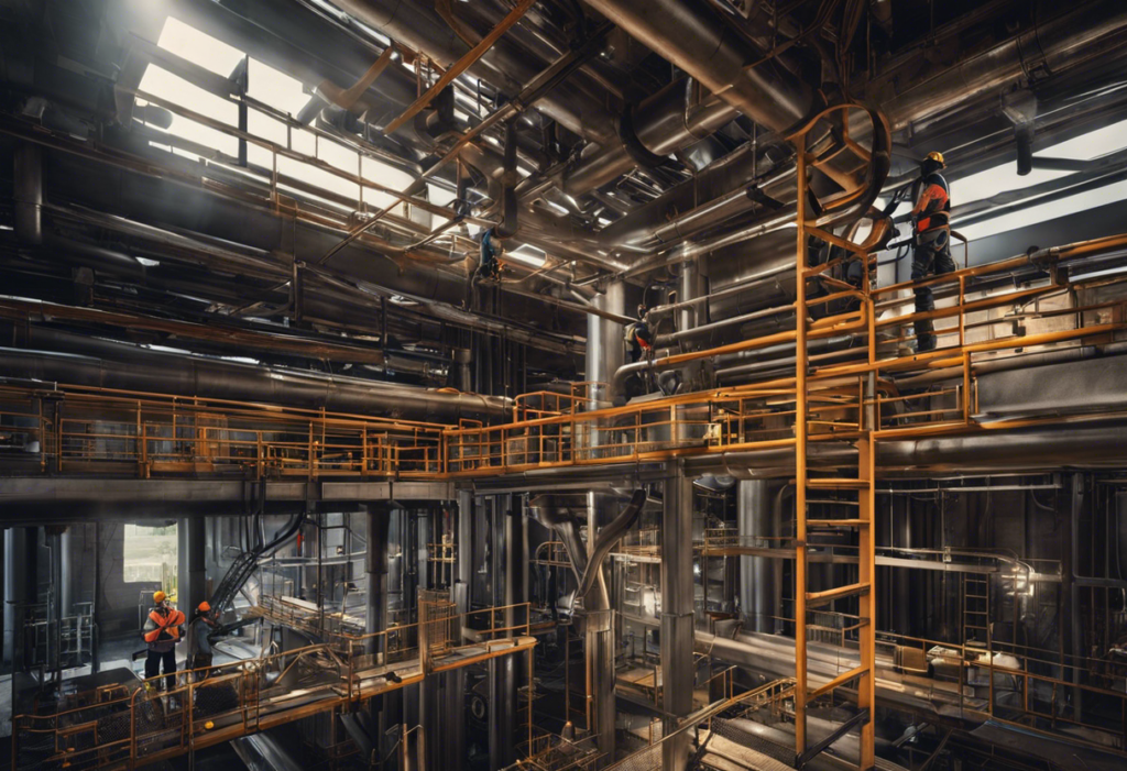 An image of a commercial building with a detailed view of the plumbing infrastructure being upgraded
