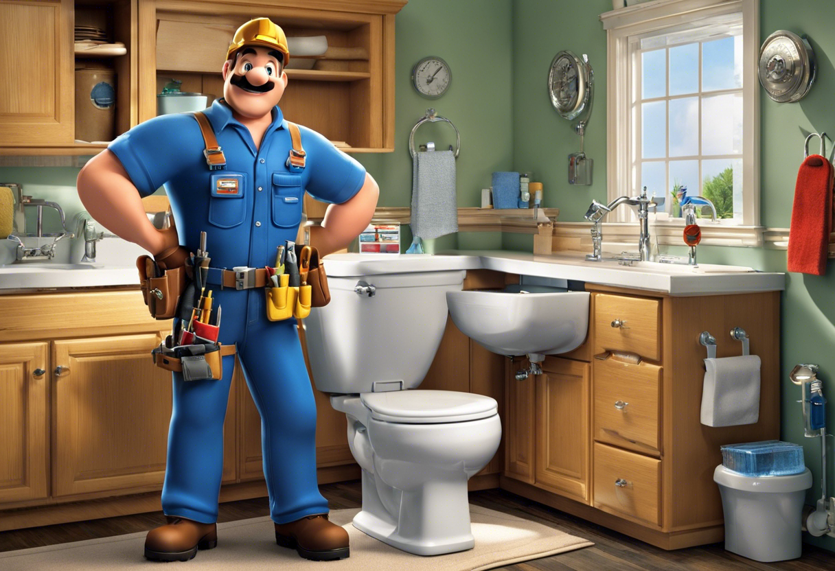 An image of a plumber with a tool belt and toolbox, standing in front of a sink and toilet